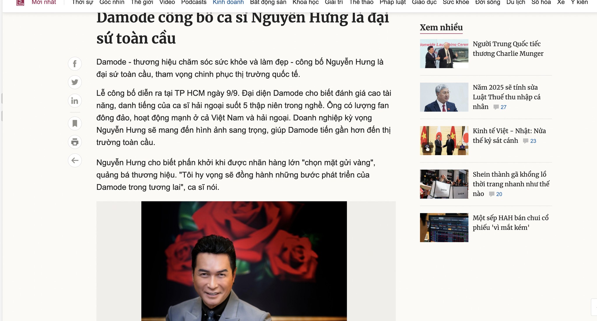 VNEXPRESS đưa tin: Damode công bố ca sĩ Nguyễn Hưng là đại sứ toàn cầu